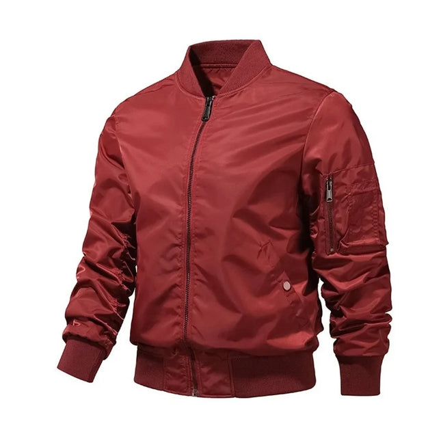 Men's red bomber jacket with zippered front and pocket detailing, perfect for casual and stylish outfits.