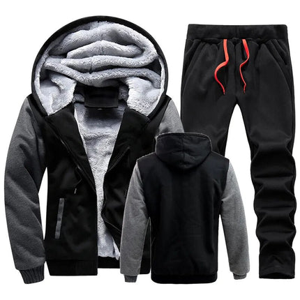 Conjunto de buzo y pantalón polar para hombre, negro y gris, con capucha forrada y cierre frontal, ideal para invierno.