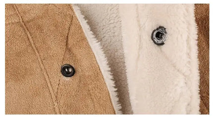Detail of men's cowhide leather jacket showing interior lining and button closure.