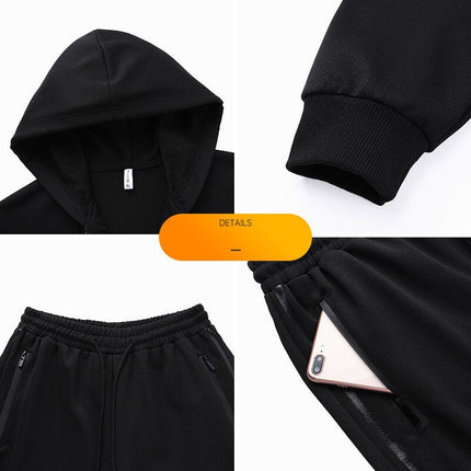 Black men's hoodie and jogger set with detailed hood, sleeve, and pocket features.