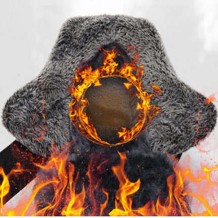 Designer hat with faux fur and fiery accents, resembling a warm winter accessory, combining luxury and heat-inspired style.
