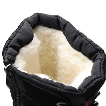 Interior view of women's waterproof synthetic leather snow boot, featuring a fluffy insulated lining for warmth and comfort.