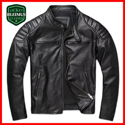 Men's black 100% cowhide leather jacket with zip closure and stand-up collar, featuring front pockets and a stylish design.