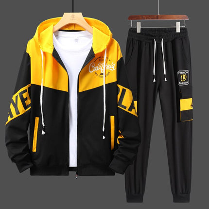 Conjunto deportivo para hombre negro y amarillo con gráficos, diseño urbano moderno, capucha y cintura elástica, talles del P al GG.