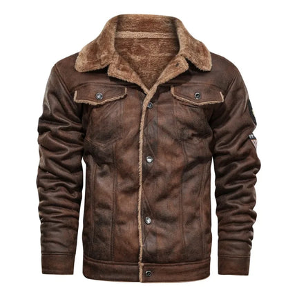 Men's leather jacket made from cowhide with fur lining, front view.