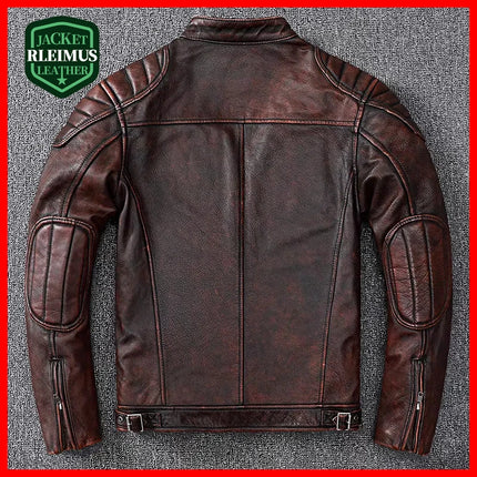 Campera de cuero de vacuno marrón oscuro para hombre, diseño clásico con paneles acolchados y costuras destacadas.