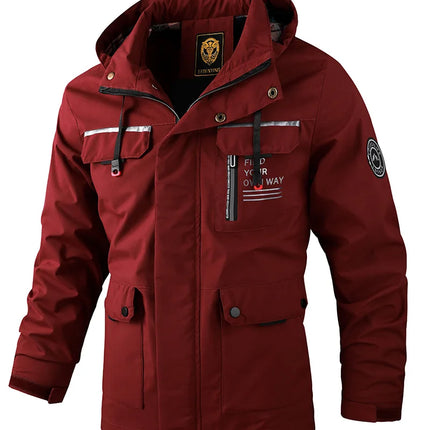 Men's waterproof hooded windbreaker jacket in red with multiple pockets and a stylish design, featuring durable and weather-resistant materials.
