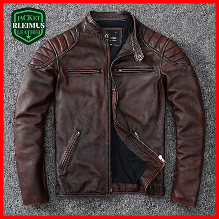 Brown 100% cowhide leather jacket with zipper, showing high-quality craftsmanship for a stylish and durable outerwear choice.