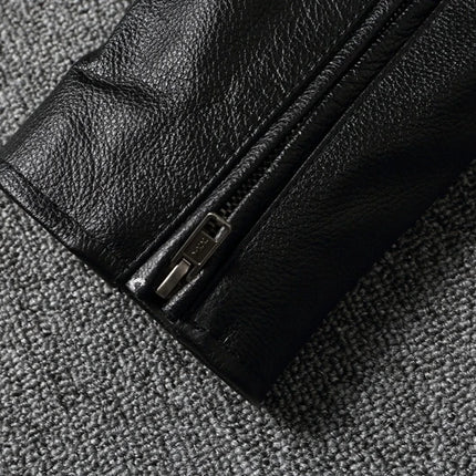 Close-up of a black leather sleeve with a zipper detail, showcasing the texture of 100% cowhide leather jacket.