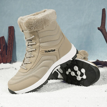 Warm men's hiking boots with fur lining shown on a snowy landscape, ideal for winter hiking and outdoor activities.