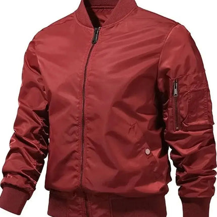 Men's red bomber jacket, stylish and sleek design with zip pocket on sleeve, ideal for casual wear and versatile style.