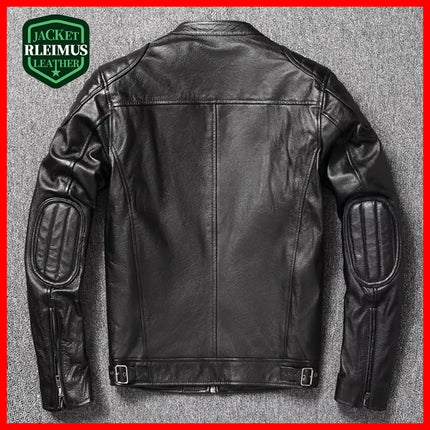Black leather jacket made from 100% cowhide, featuring detailed stitching and back view highlighting craftsmanship. Perfect for stylish outfits.