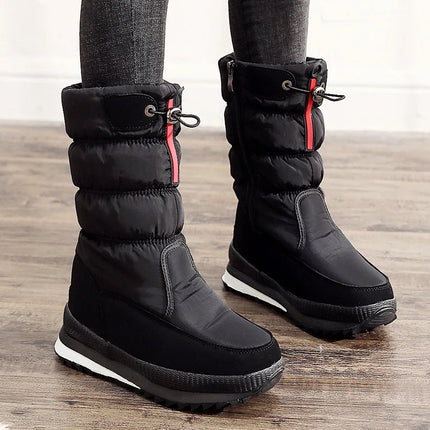 Women's waterproof synthetic leather snow boots, stylish black design, perfect for winter weather protection and comfort.