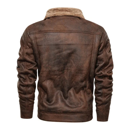 Men's cowhide leather jacket with fur collar, back view, rugged design, stylish and durable outerwear