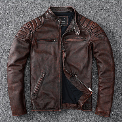 Brown 100% cowhide leather jacket with zipper and stylish design on a textured gray background.
