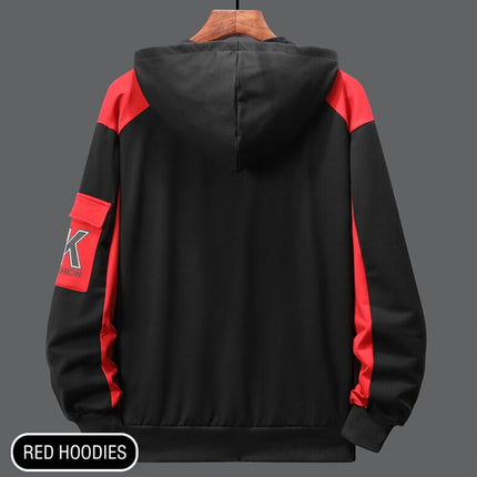 Black and red hooded sports jacket with back view, featuring logo on sleeve.