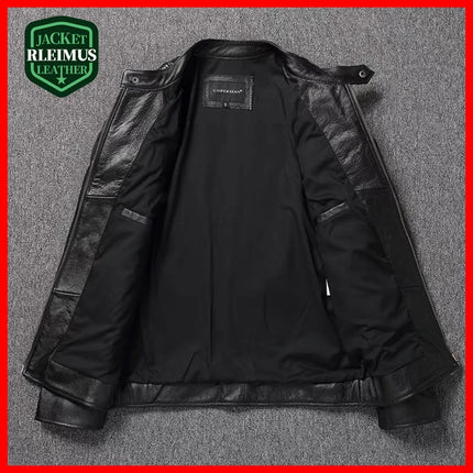 Interior view of a 100% cowhide leather jacket, showcasing high-quality material and craftsmanship, ideal for fashion enthusiasts.