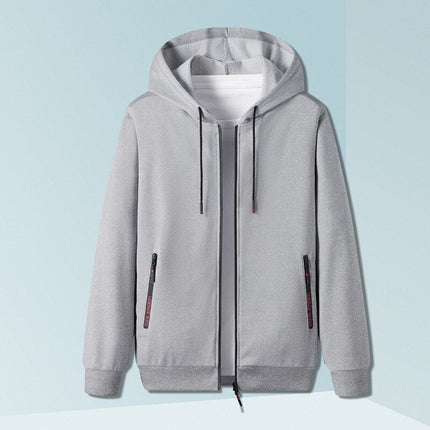 Gray men's hooded zip-up sweatshirt with front pockets, part of the Vland casual set for daily wear.
