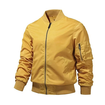 Yellow men's bomber jacket with zipper, pocket on left sleeve, and ribbed cuffs and hem.
