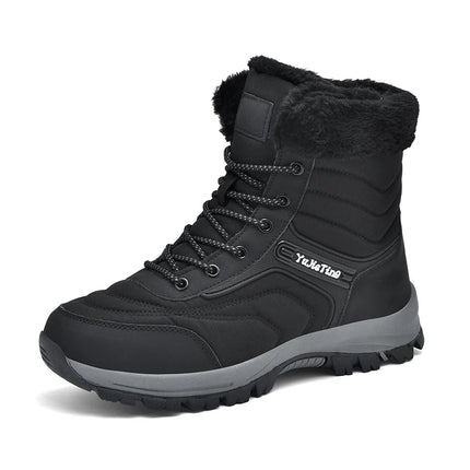 Warm men's hiking boots with fur lining, black, durable sole, perfect for winter trekking and outdoor activities.