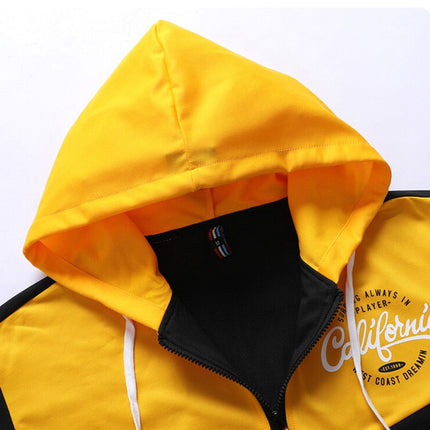 Yellow sporty hoodie with front zipper and "California" graphic design, part of an urban style men's athletic set.