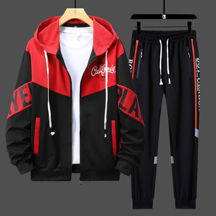 Urban style men's athletic set with hoodie and elastic waist pants, black and red design, ideal for daily use, training.