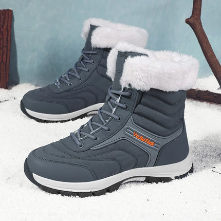 Men's warm hiking boots with fur lining on snowy surface, designed for trekking and outdoor activities in cold weather.