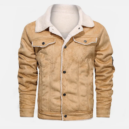 Men's cattle leather jacket with button front and pockets, featuring a light tan color and white fur lining.