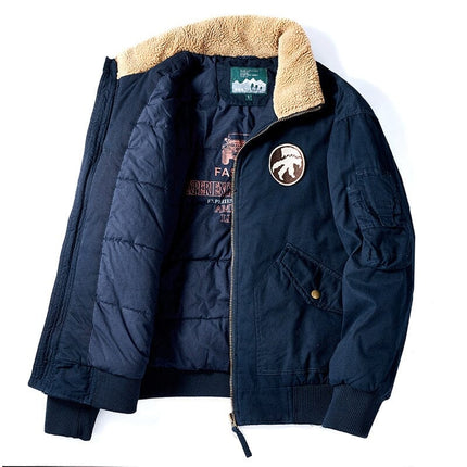 Men's Campera Outwear Bombard flight jacket, navy with tan collar, featuring a patch. Casual, loose-fit, thick cotton coat for cold weather.