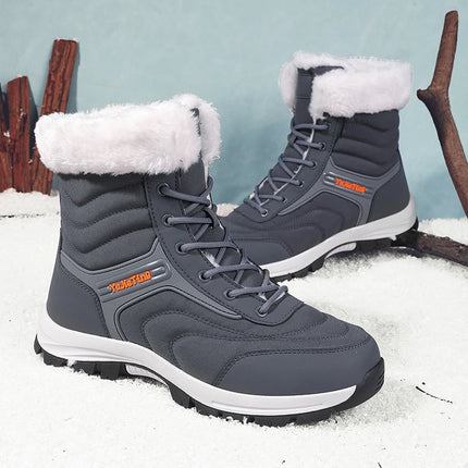 Warm men's hiking boots with fur lining, ideal for winter trails, shown on a snowy surface.