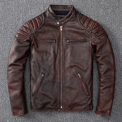 Campera de cuero marrón 100% de vacuno con diseño clásico y cierre frontal, ideal para moda masculina.
