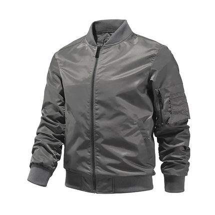 Grey men's bomber jacket with zippered front and arm pocket, featuring a classic design for stylish outerwear.