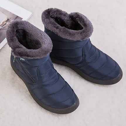 Botas impermeables de mujer con forro de felpa, diseño chic, ideales para invierno y clima frío, color azul. Moda y confort en cada paso.