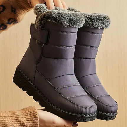 Botas de mujer impermeables con interior de felpa, diseño gris y suela antideslizante. Ideales para invierno. Fácil calce con velcro.