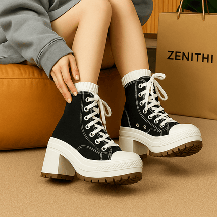 Botas de mujer estilo urbano en lona negra con plataforma alta y cordones, inspiradas en la moda streetwear y skate.