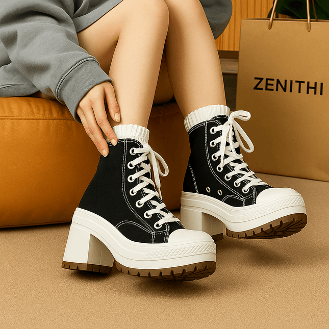 Botas de mujer estilo urbano en lona negra con plataforma alta y cordones, inspiradas en la moda streetwear y skate.