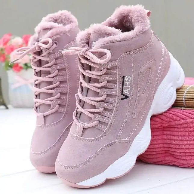Botas de mujer rosas con interior de algodón y terciopelo suave, suela antideslizante ideal para invierno, estilo moderno y deportivo.