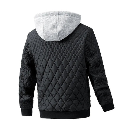Campera Alpen para hombre, puffer negra con capucha gris, diseño acolchado, ideal contra el frío, cierre y bolsillos con cierre.