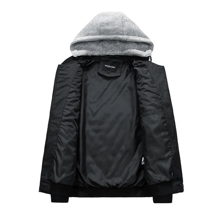 Campera Alpen para hombre, diseño puffer negro con capucha gris, forro interior acolchado, ideal para temperaturas bajas.