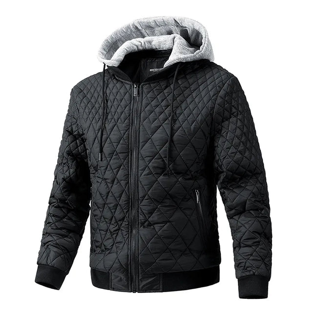 Campera Alpen para hombre, diseño puffer negro, relleno de algodón, bolsillos con cierre, protección contra el frío invierno.
