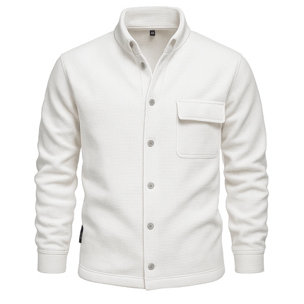 Campera Aspen para hombre en tejido texturizado blanco con cierre de botones y bolsillo frontal, ideal para media estación.