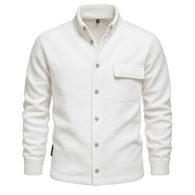Campera Aspen para hombre en tejido texturizado blanco con cierre de botones y bolsillo frontal, ideal para media estación.