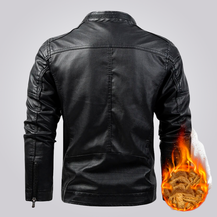 Campera Authentic en Cuero Genuino para Hombre, estilo moderno y sostenible, vista trasera con detalle llamativo en la manga.