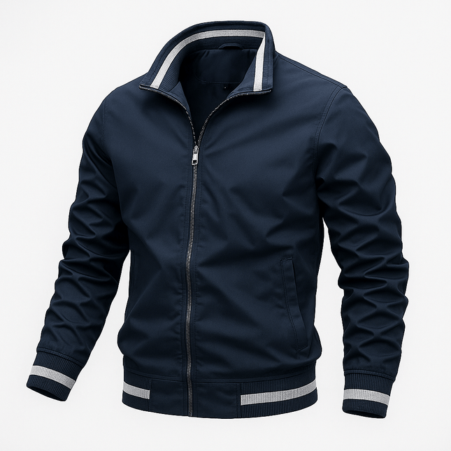 Campera Hombre Bomber OutdoorPro impermeable azul, ideal para días inestables y actividades al aire libre, con cierre de cremallera.