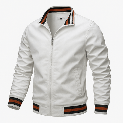 Campera Bomber OutdoorPro para hombre en color blanco, impermeable con cuello alto y cierre de cremallera, ideal para el aire libre.