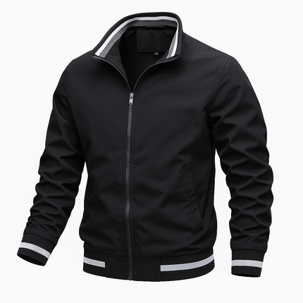 Campera Bomber OutdoorPro impermeable, negra, con cuello alto y cierre completo; ideal para hombres en días inestables. Campera hombre versátil.