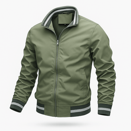 Campera Hombre Bomber OutdoorPro verde oliva, impermeable, con cuello alto estilo bomber y cremallera completa, ideal para aventuras al aire libre.