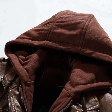 Campera de cuero para hombre con capucha. Diseño premium y durabilidad excepcional. ¡Aprovechá 15% OFF hoy solo! #CamperaHombre