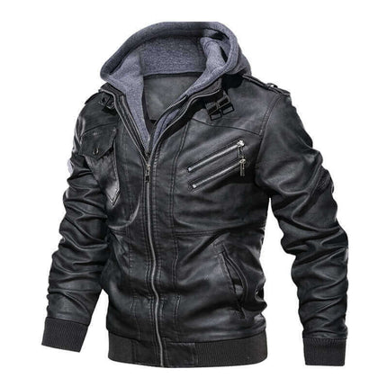 Campera Hombre de cuero genuino con capucha gris, diseño elegante y costuras premium para un look sofisticado y duradero.