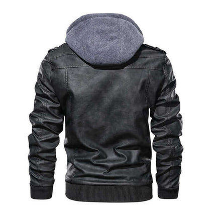 Campera de cuero negro para hombre con capucha, diseño elegante y duradero. ¡Aprovechá 15% OFF hoy! Campera Hombre de estilo premium.